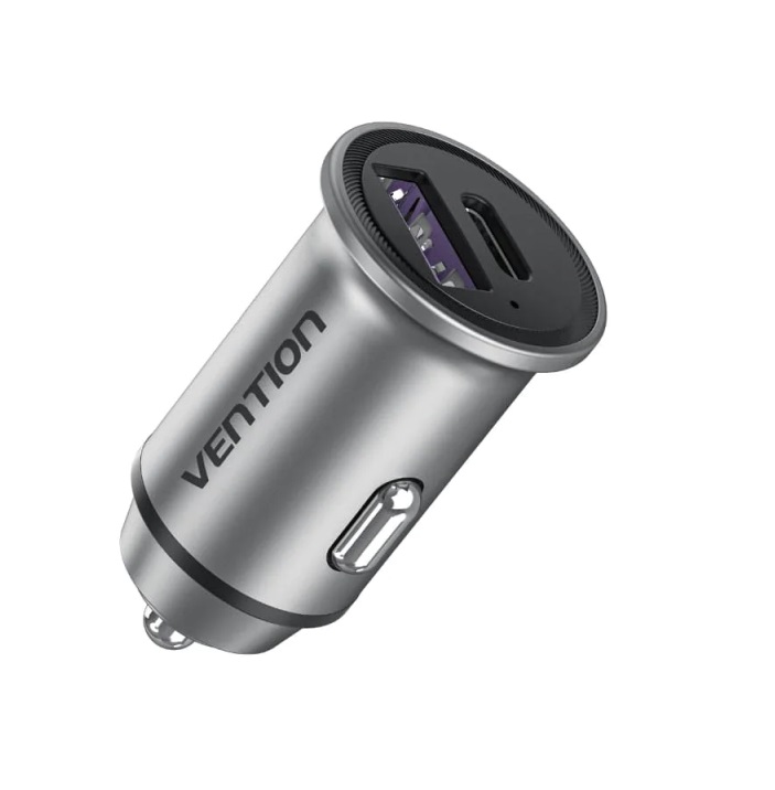 VENTION FFFH0 Two-Port USB A+A(30+30) Car Charger Gray Mini Style Aluminium Alloy Type