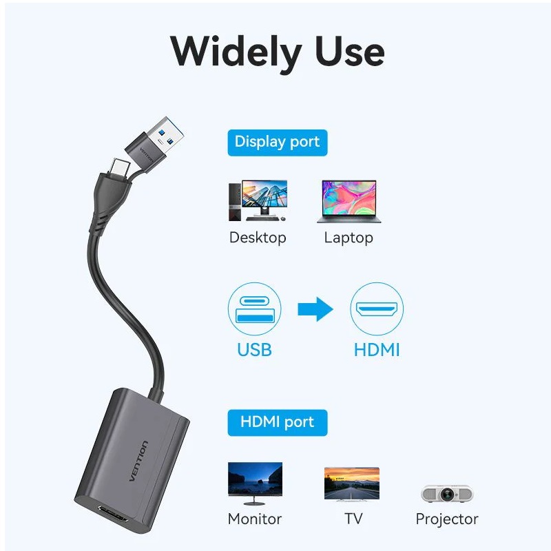 VENTION ACYHB USB-C and USB-A to HDMI Converter Gray Aluminium Alloy Type