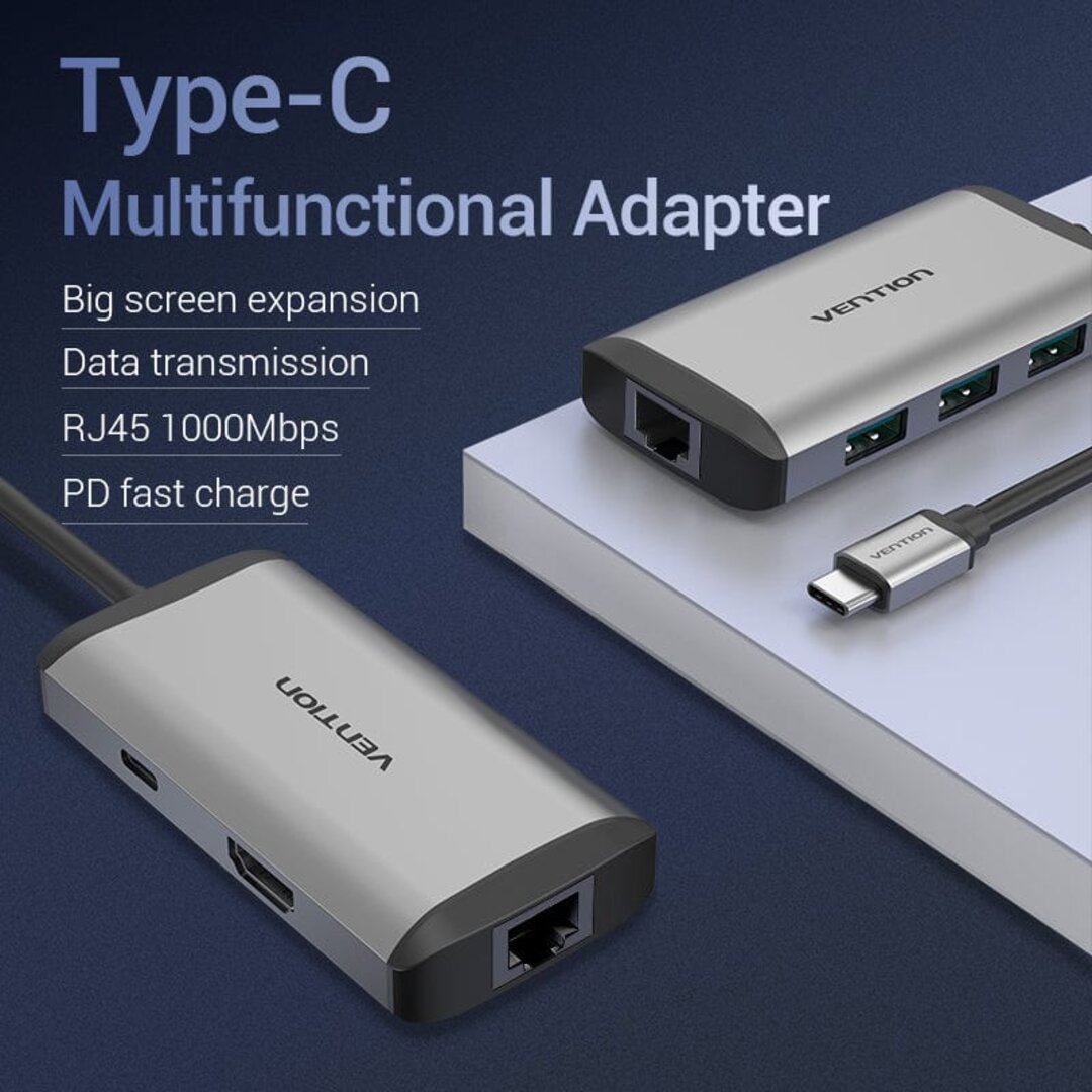 VENTION CNCHB Type-C to HDMI/USB3.0*3/RJ45/PD Converter 0.15M Gray Metal Type