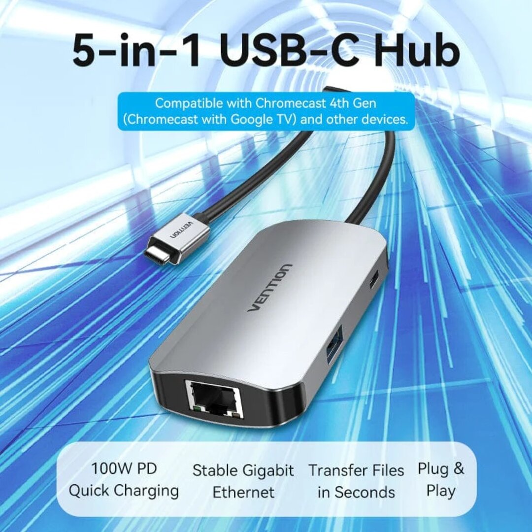 VENTION TNFHB USB-C to USB3.0x3/RJ45/PD Hub 0.15M Gray 