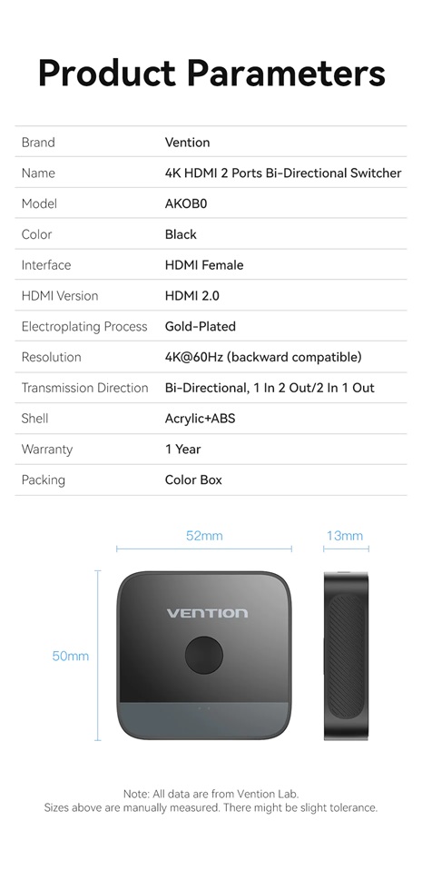 VENTION AKOB0 2-Port HDMI Bi-Direction 4K Switcher Black ABS Type