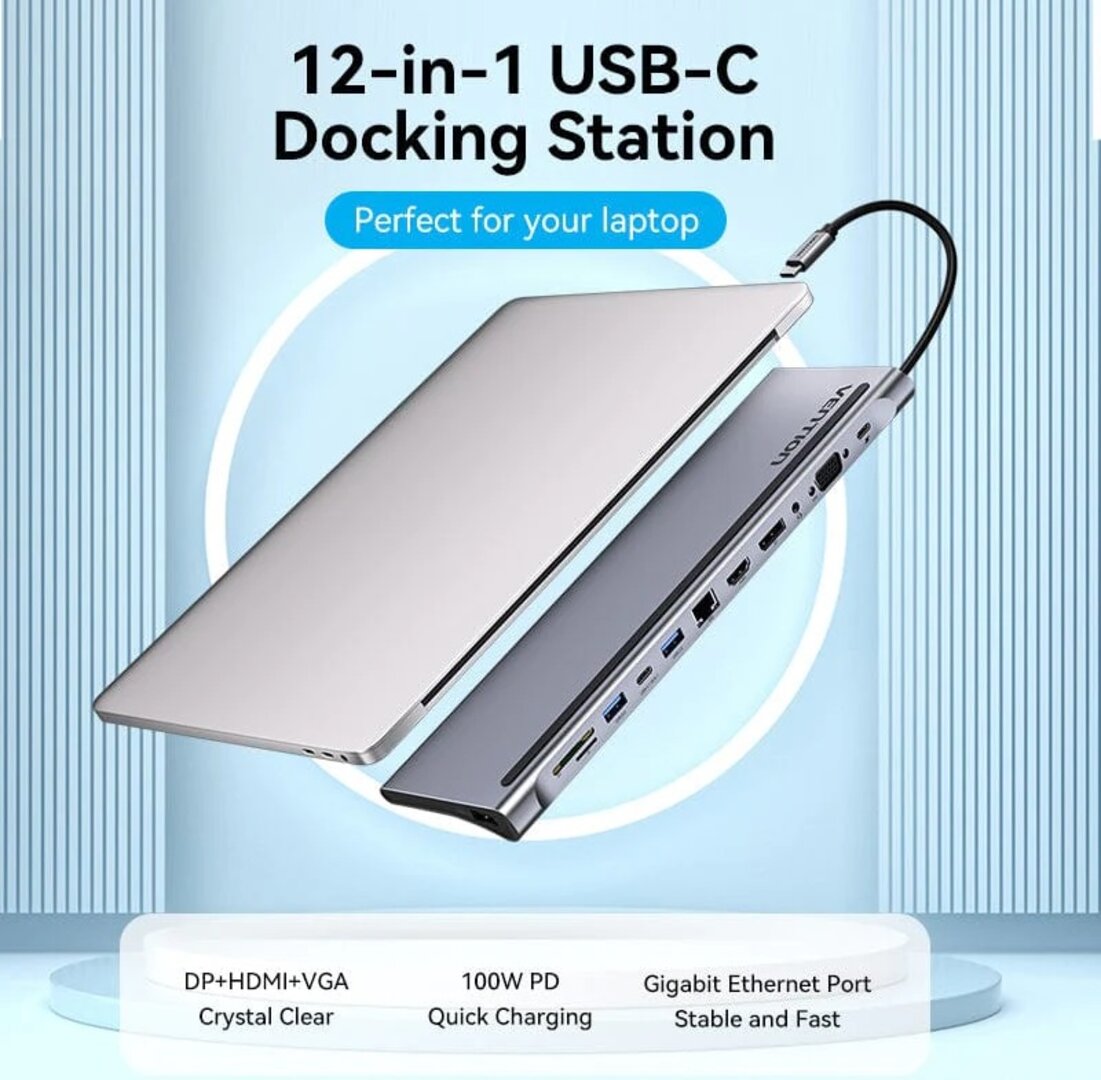 VENTION THSHC Multi-function USB-C to DP/HDMI/VGA/USB-C Gen 1/USB 3.0x2/USB 2.0/RJ45/SD/TF/TRRS 3.5mm/PD Docking Station 0.25m Gray Metal Type