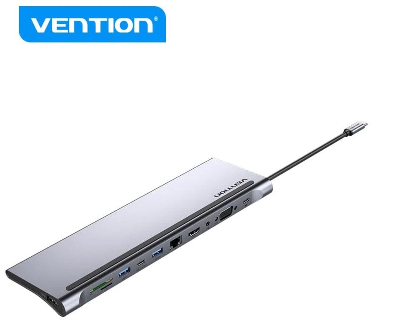 VENTION THTHC Multi-function USB-C to HDMI/VGA/USB-C Gen 1/USB 3.0x2/USB 2.0/RJ45/SD/TF/TRRS 3.5mm/PD Docking Station 0.25m Gray Metal Type