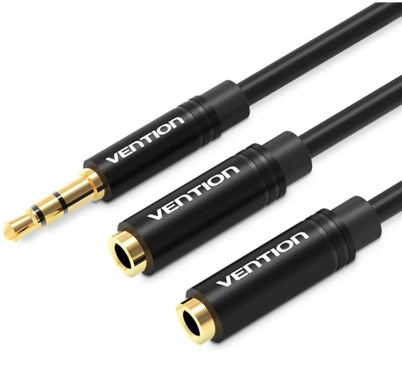 VENTION BBWBY 3.5mm Male to 2*3.5mm Female Stereo Splitter Cable 0.3M Black Metal Type