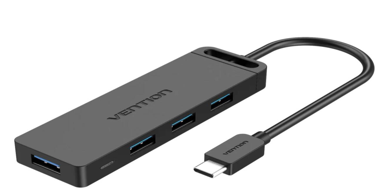 VENTION TGKBB Type-C to 4-Port USB 3.0 Hub with Power Supply Black 0.15M ABS Type