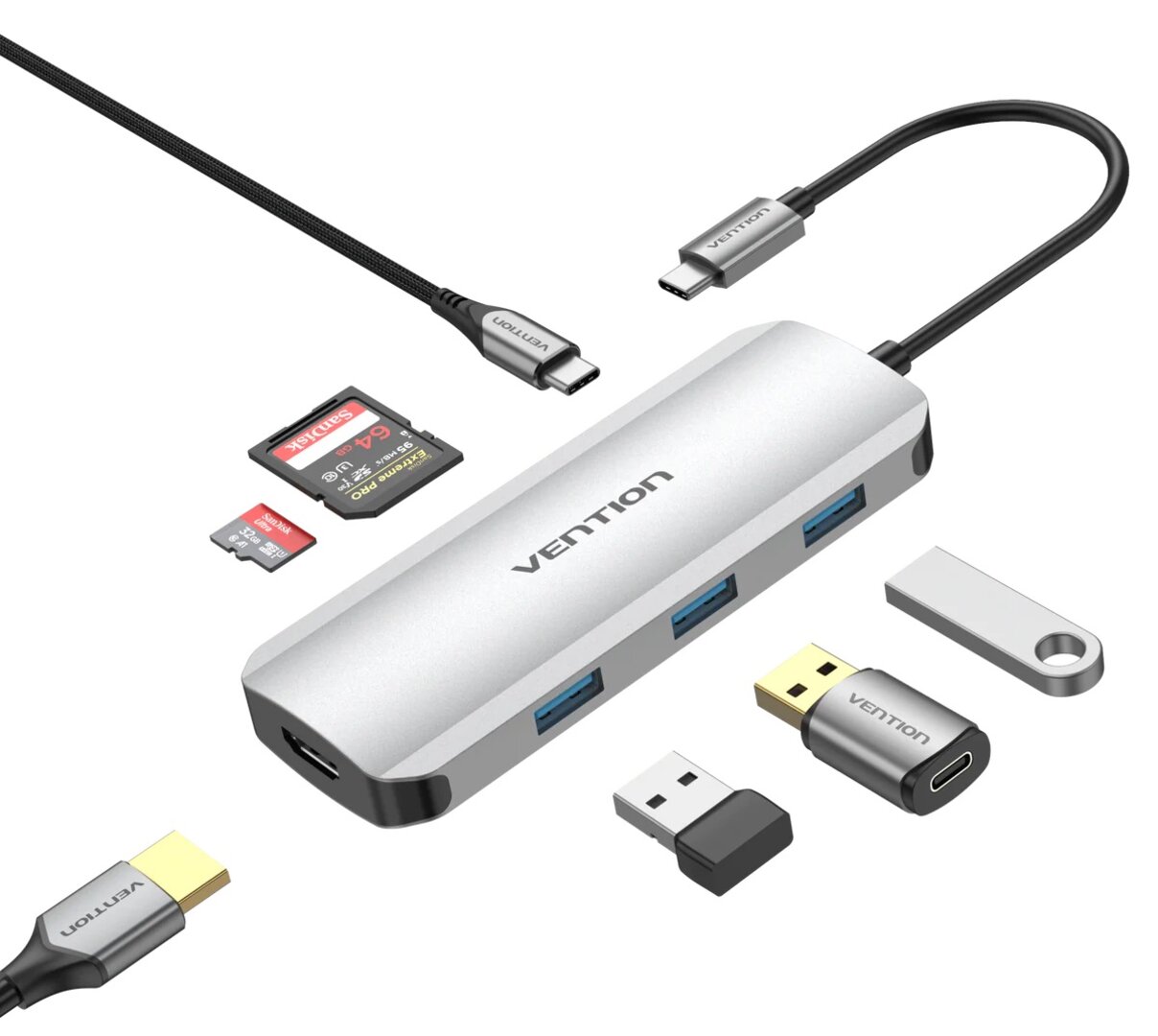 VENTION TOJHB USB-C to HDMI/USB 3.0x3/SD/TF/PD Docking Station Gray 0.15M Aluminum Alloy Type