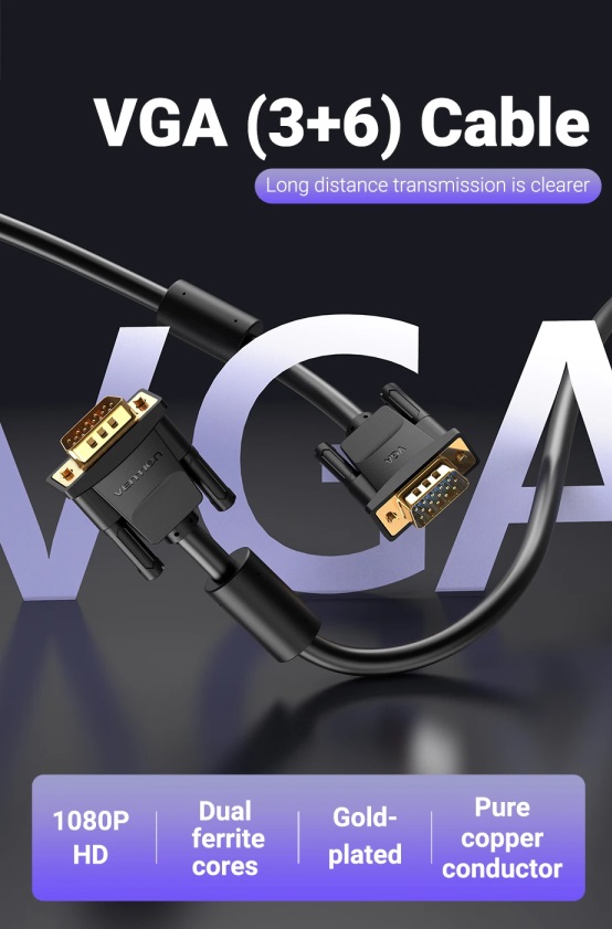 VENTION DAEBF VGA(3+6) Male to Male Cable with ferrite cores 1M Black