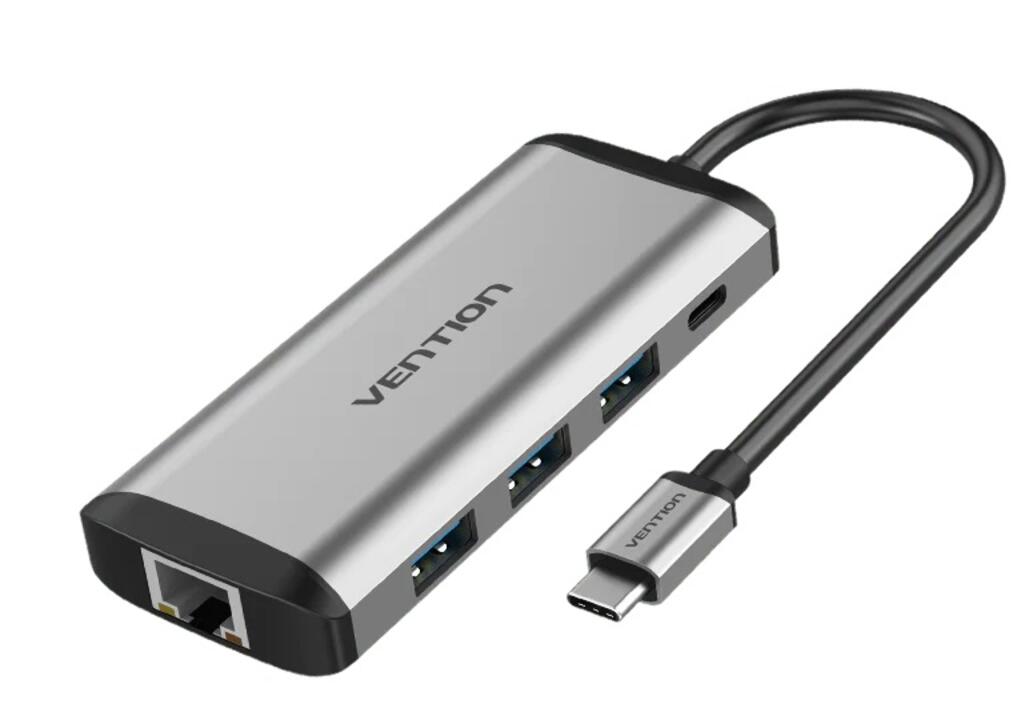 VENTION THAHB Multi-function Type-C to HDMI/USB3.0*3/TF/SD/RJ45/3.5mm/PD Docking Station 0.15m Gray Metal Type