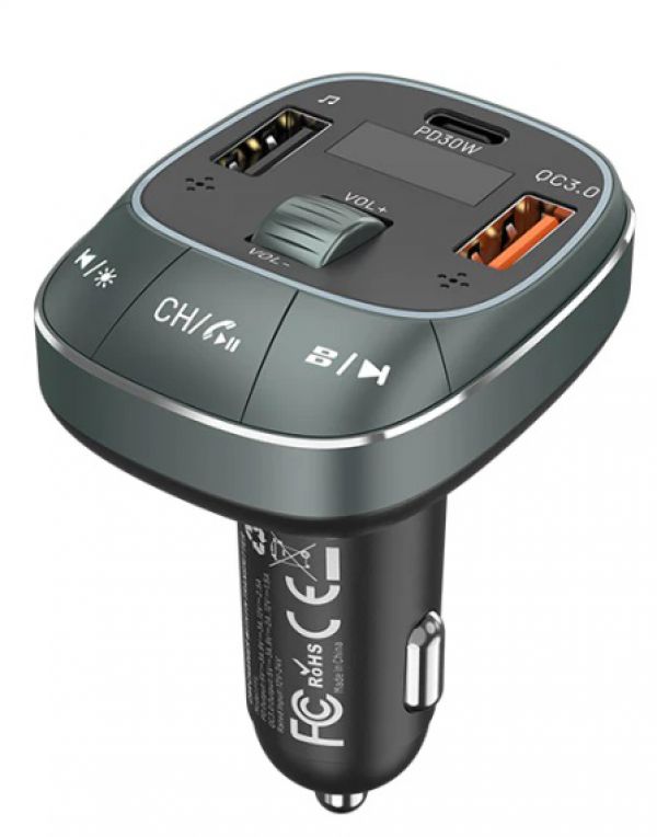 VENTION FFLB0 3-Port USB (C + A + A) Car Charger with FM Transmitter (30W/18W/5W) Black ABS Type