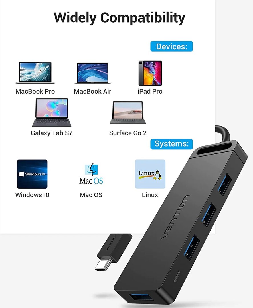 VENTION TGKBB Type-C to 4-Port USB 3.0 Hub with Power Supply Black 0.15M ABS Type