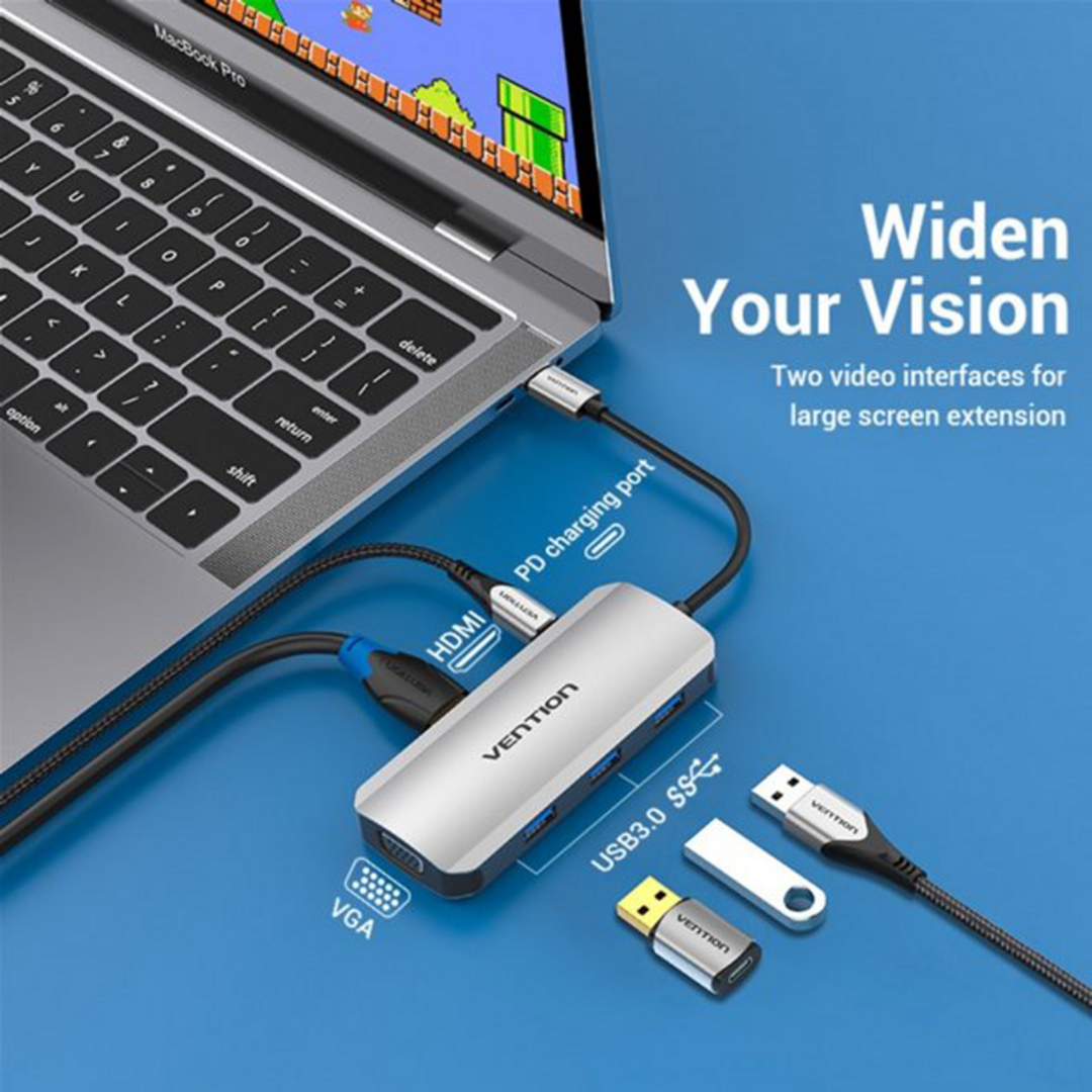 VENTION TOIHB USB-C to HDMI/VGA/USB 3.0x3/PD Docking Station 0.15M Gray Aluminum Alloy Type