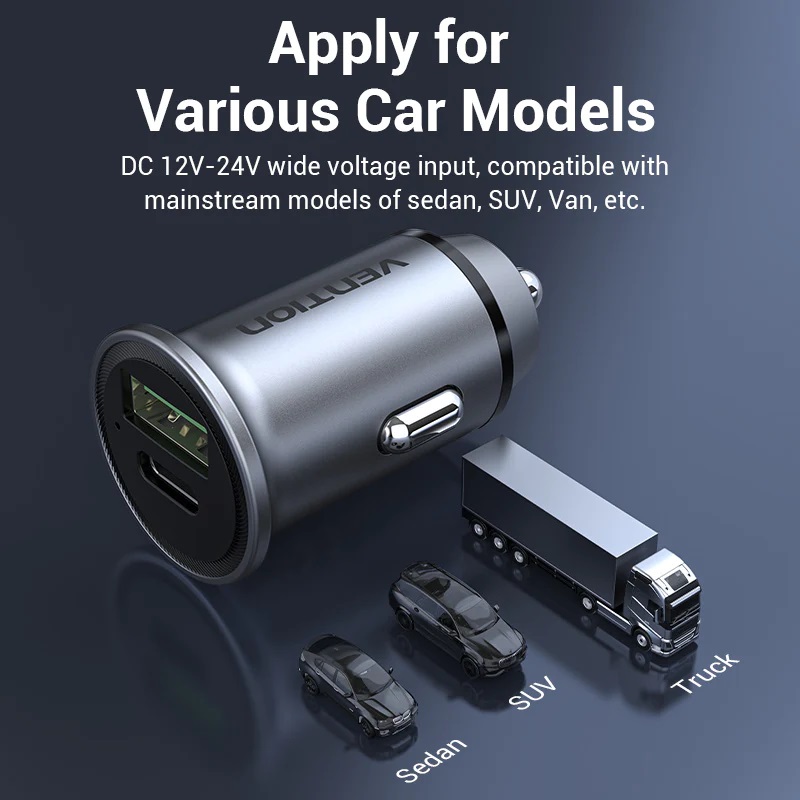 VENTION FFBH0 Two-Port USB A+C(18/20) Car Charger Gray Mini Style 