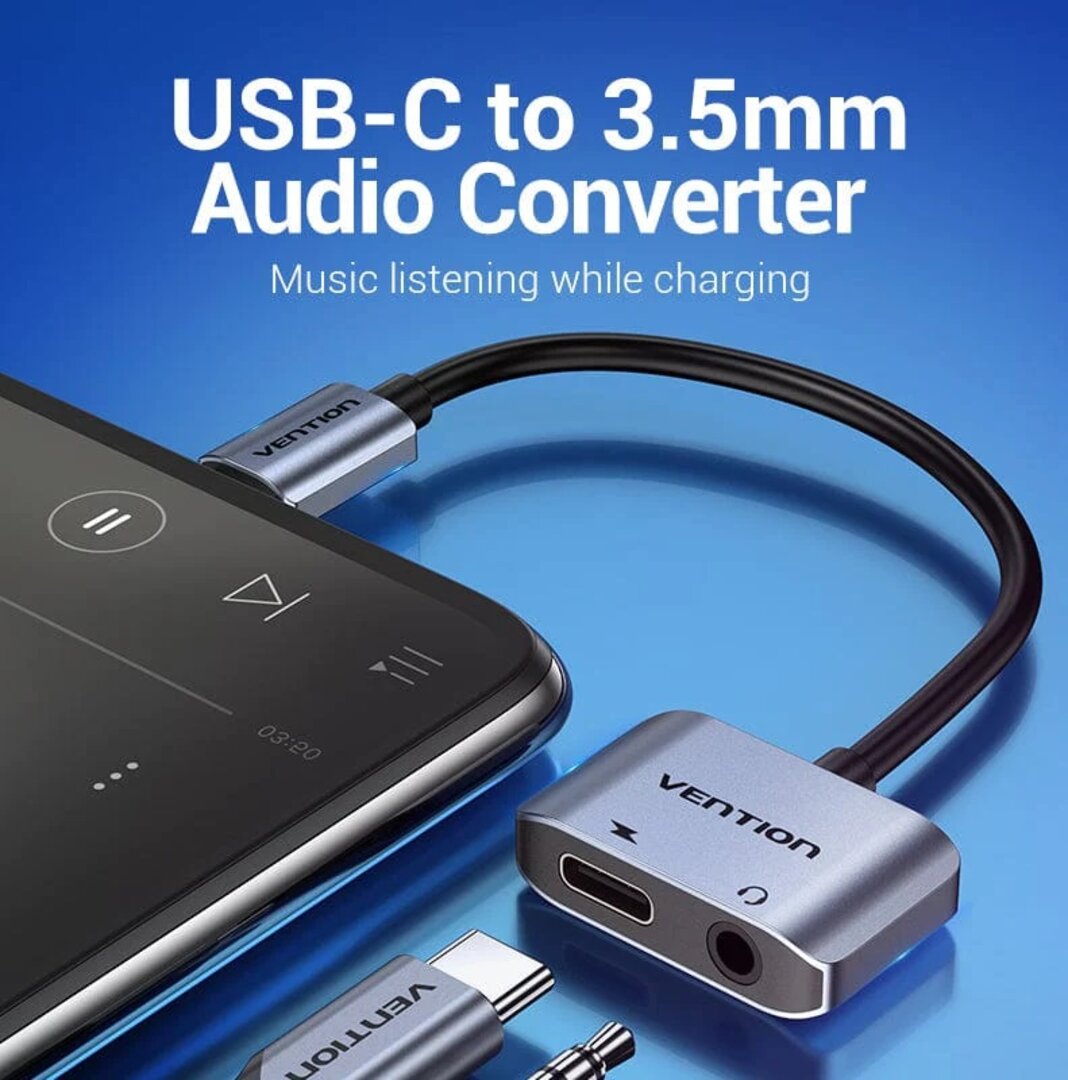 VENTION BGSHA USB-C Male to 3.5mm Female Audio Converter with USB-C Power Supply 0.1M Gray Aluminum Alloy Type