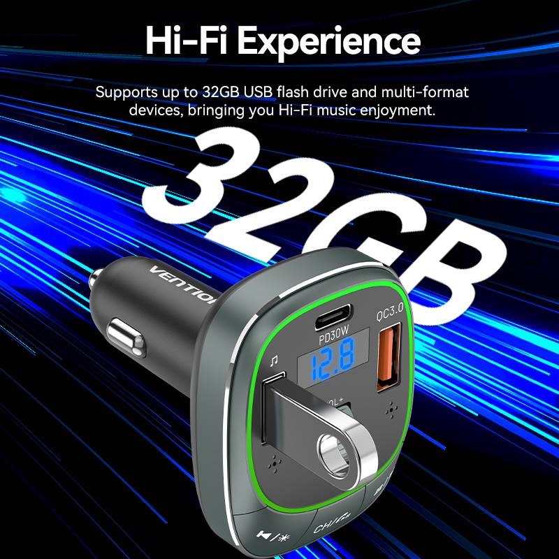 VENTION FFLB0 3-Port USB (C + A + A) Car Charger with FM Transmitter (30W/18W/5W) Black ABS Type