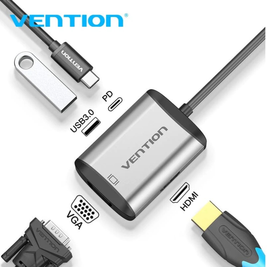 VENTION TFAHB Type-C to HDMI/VGA/USB3.0/PD Converter 0.15M Gray Metal Type