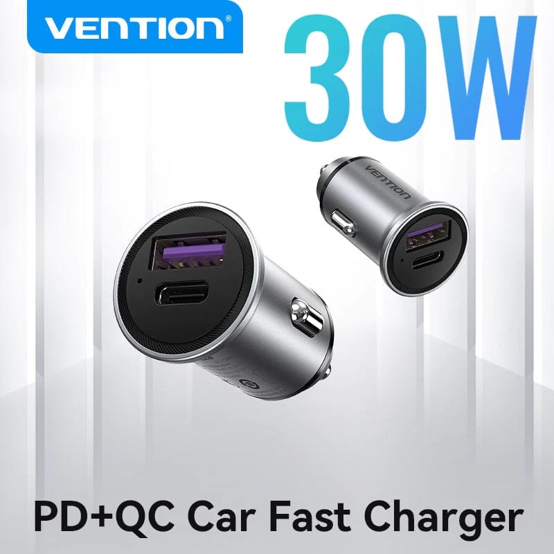 VENTION FFFH0 Two-Port USB A+A(30+30) Car Charger Gray Mini Style Aluminium Alloy Type