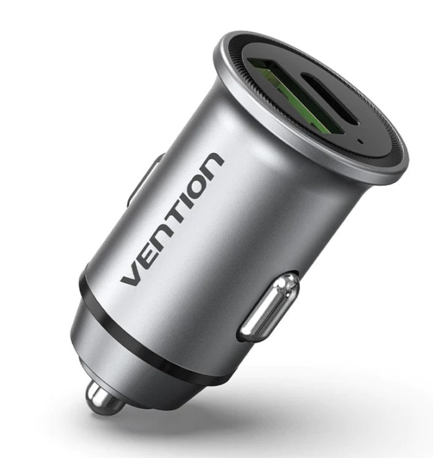 VENTION FFBH0 Two-Port USB A+C(18/20) Car Charger Gray Mini Style 